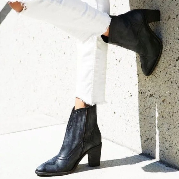 Free People Leather Western Distressed Block Heel Cowgirl Ankle Boots - Picture 15 of 15